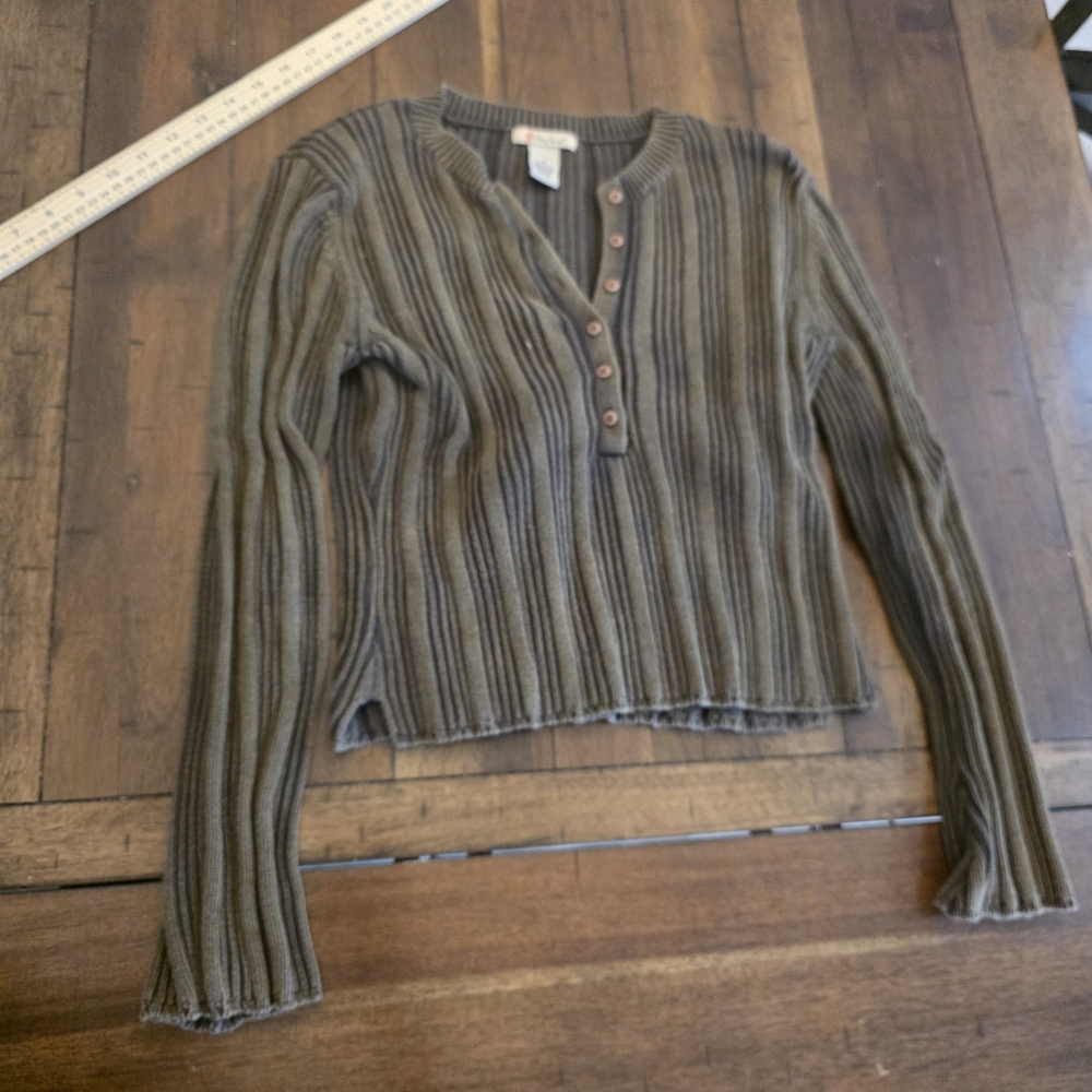 Dark Green Ribbed Button-Up Sweater